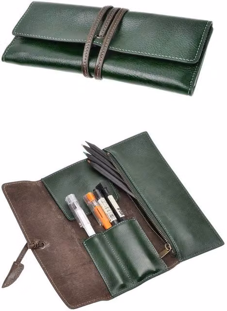 Etui in pelle morbida verde per carta da lettere con chiusura a patta
