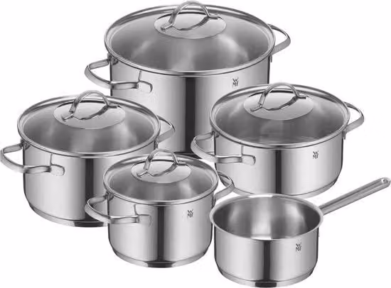 Set di pentole a 5 pezzi - Adatto a tutte le fonti di calore, compresa l'induzione - 3 pentole da cottura e una padella - Coperchio in vetro e maniglie ergonomiche