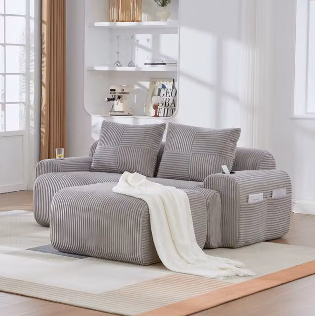 Divano modulare 2 posti in corduroy con portalimanda e tasca laterale; grigio chiaro