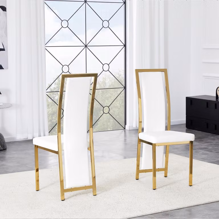 Set di 2 sedie da pranzo, con bordo decorativo, rivestite in PU, struttura in metallo (bianco e oro)