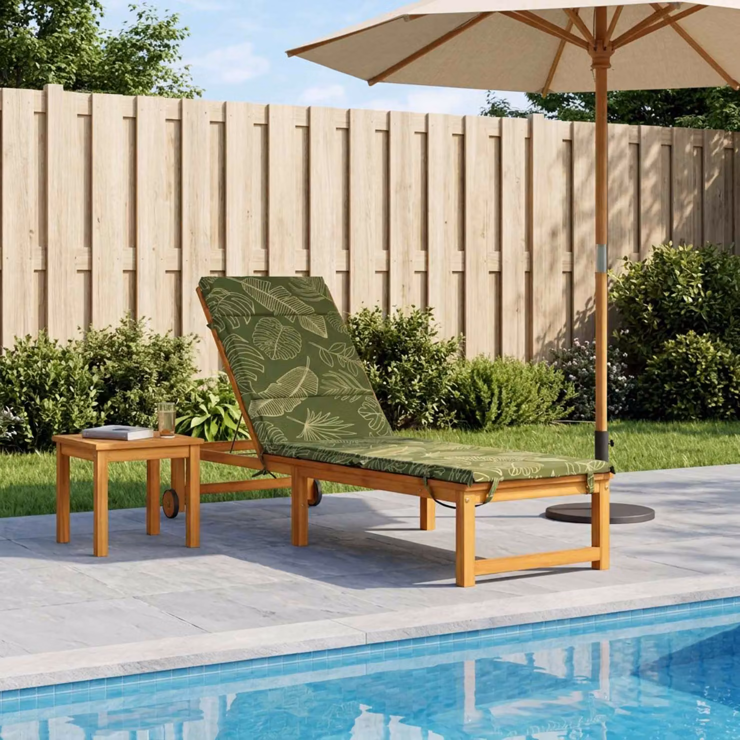 Cuscino per lettino vidaXL GEMERT verde con design a foglia, resistente ai raggi UV e con rivestimento rimovibile in poliestere