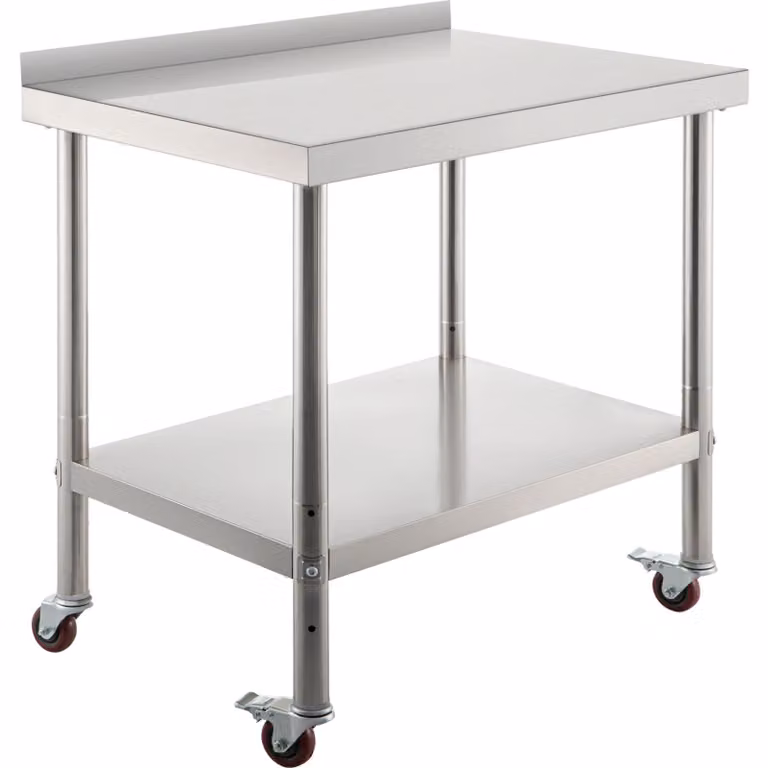 Tavolo da lavoro in acciaio inossidabile SucceBuy, tavolo regolabile in altezza con ripiano, tavolo da cucina con 4 ruote e bordo rialzato, dimensioni: 91,4 x 61 x 89 cm, capacità di carico: 150 kg + 50 kg