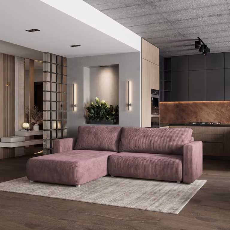 Divano angolare Masseno TURIN P con funzione letto a L, divano con box letto, divano da salotto, divano, divano, divano letto, set di divani - viola, POSO 130