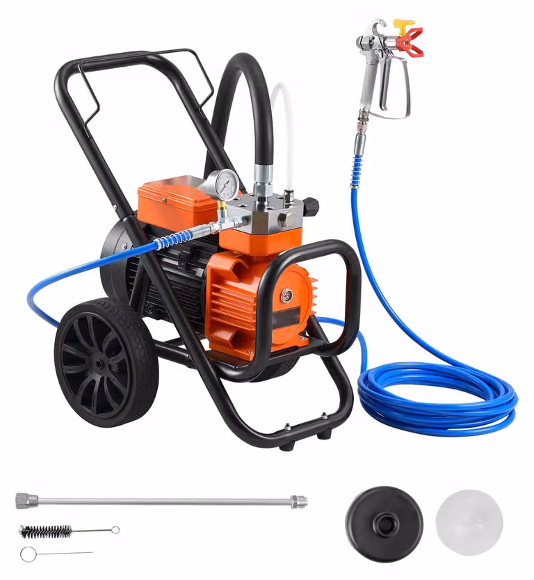 Spruzzatore airless - Impianto a membrana - Potenza 2000 W - Pressione 22,75 MPa - Tubo flessibile ad alta pressione da 10 m - Carrello - Ago di pulizia e spazzola - Per interni ed esterni