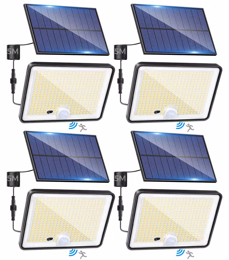 4 luci solari con sensore di movimento, 342 LED, grado di protezione IP65, con telecomando