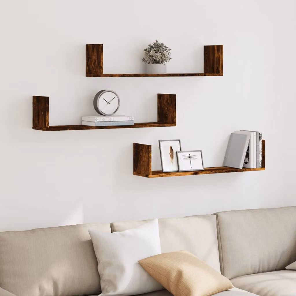 Set di 3 mensole a parete vidaXL in MDF color rovere fumo, L 80 cm x P 18 cm x H 18 cm