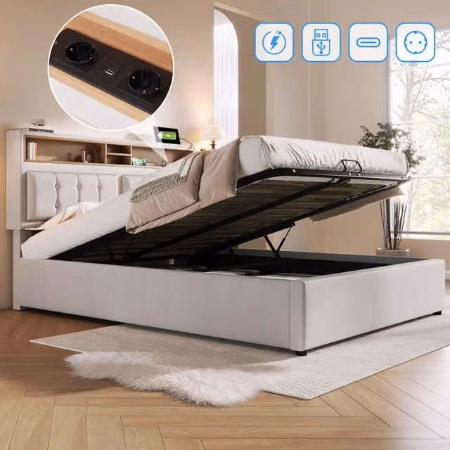 letto imbottito lino beige 140 x 200 cm