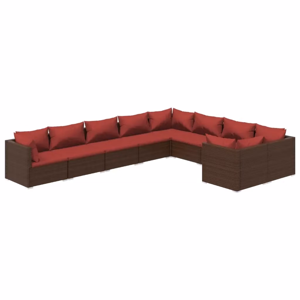 Set di Divani da Giardino a Forma di U con Cuscini vidaXL, 9 Pezzi in Polyrattan Marrone e Rosso con Struttura in Acciaio Verniciato a Polvere – 2