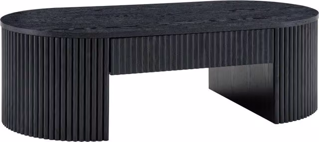Tavolino da caffè ovale nero con rivestimento scanalato e cassetto portaoggetti, struttura in MDF stabile