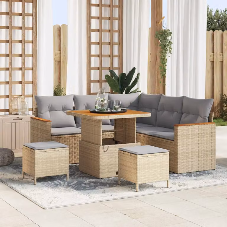 Set Divano da Giardino a L vidaXL 8 Pezzi Beige con Cuscini e Tavolino in Rattan e Metallo