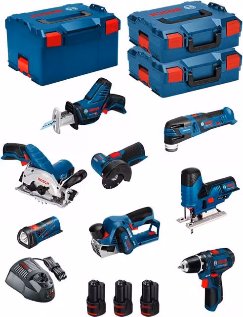 Kit utensili Bosch 12V BMK8-28FD3 blu con avvitatore, seghetto, smerigliatrice, seghetto alternativo, levigatrice, sega a trinchetto e trapano a percussione