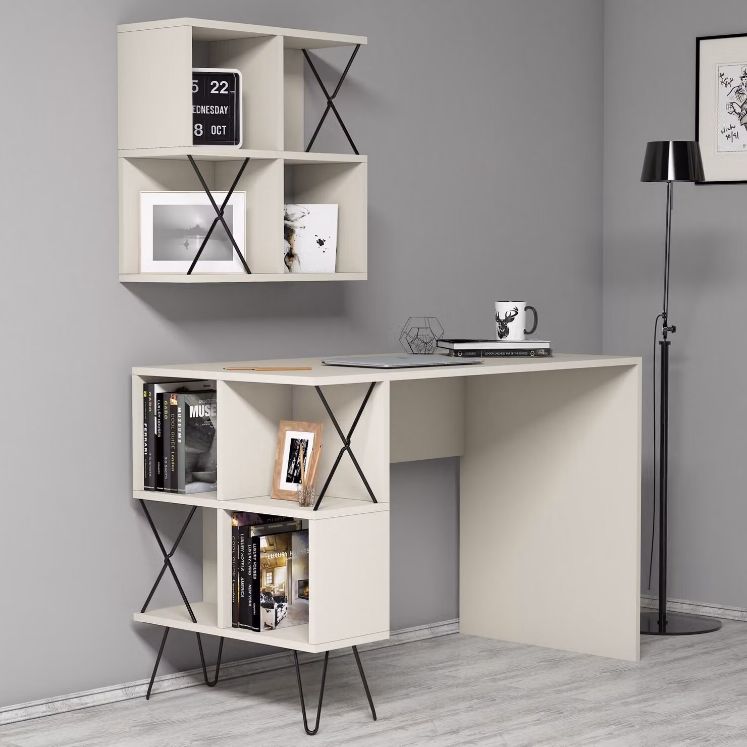 Skye Decor, scrivania di alta qualità con scaffale a parete, dimensioni 120 x 60 x 78,8 cm, realizzata in pannello di particelle rivestito in melamina al 100%, spessore 18 mm, disponibile nei colori crema e nero, design moderno e funzionale, con numerosi