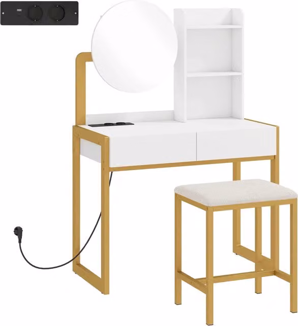 Toeletta con specchio e sgabello 80 x 42 x 130 cm stazione di ricarica e vani portaoggetti moderno in truciolare bianco 21_0003792