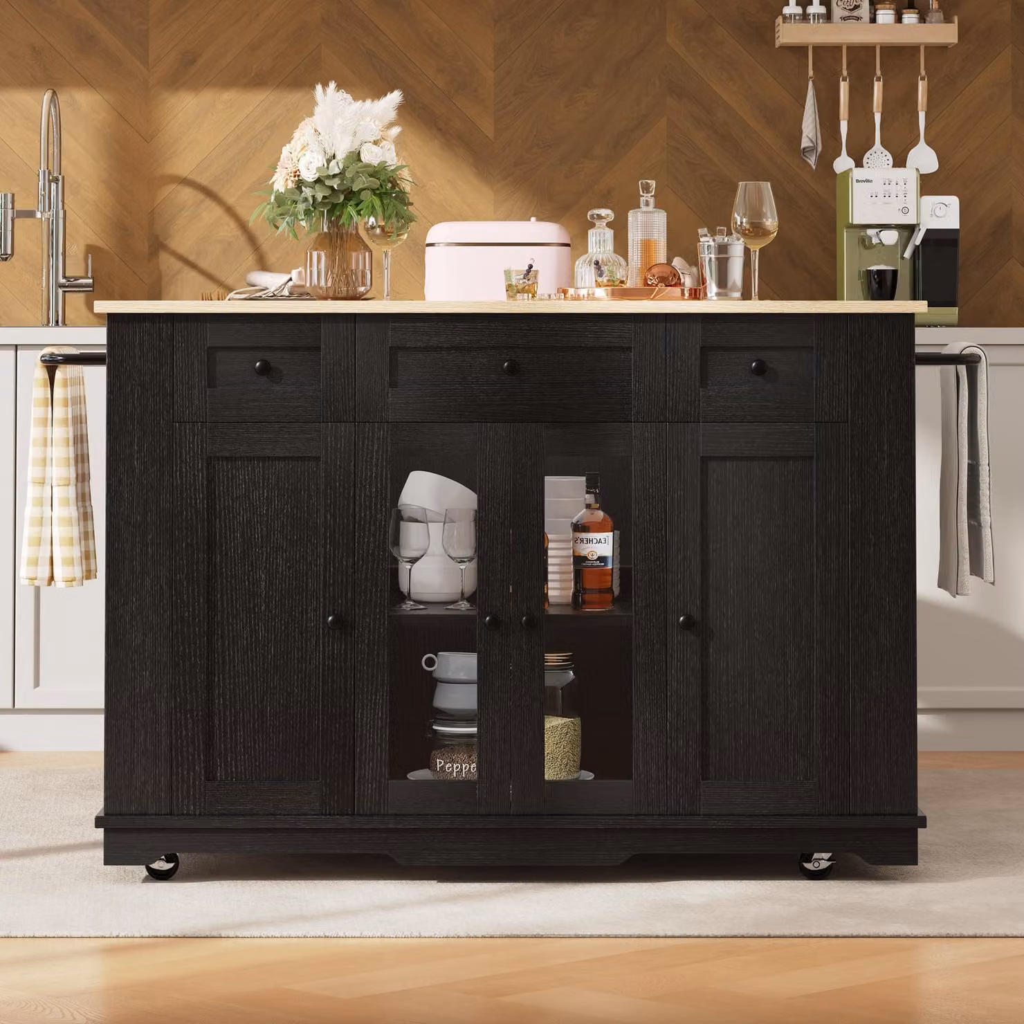 Isola cucina Fortuna Lai, pareti divisorie rimovibili, armadio da cucina, carrello da pranzo con piano di lavoro, credenza, carrello da pranzo con venature del legno, credenza, armadio in vetro temperato, nero