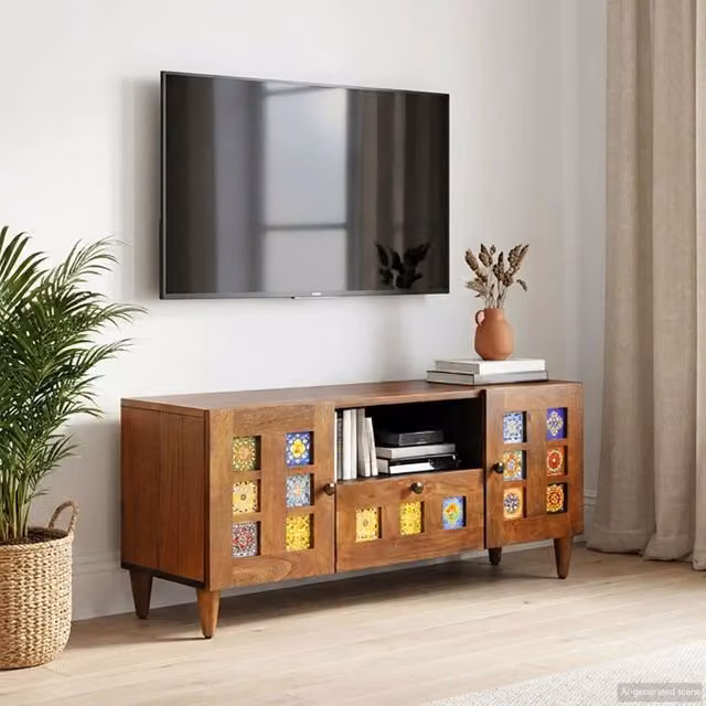 Mobile TV moderno vidaXL in legno di mango massello color noce L/P/H: 105 x 33 x 46 cm – 1
