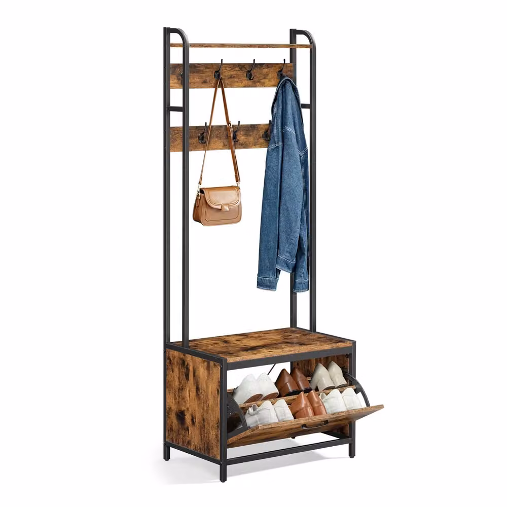Appendiabiti con Scarpiera a Ribalta Ganci e Mensola Superiore, Marrone Vintage + Nero / 7 Ganci (40 x 65 x 170 cm)