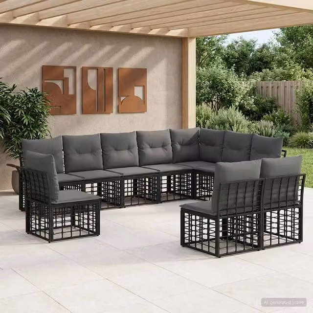 Set di divani da esterno 10 pz Nero e Grigio scuro Poliestere 3437707