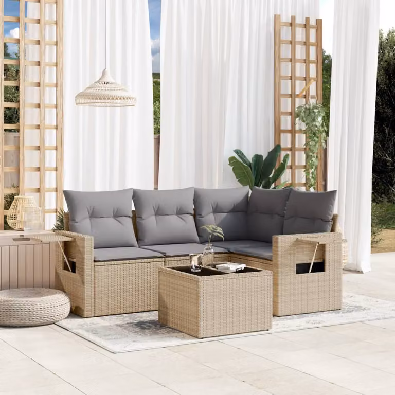 vidaXL Set Divano da Giardino a L 5 pz in Polyrattan con Cuscini Beige e Tavolino in Vetro