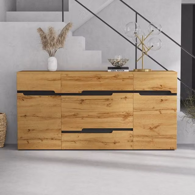 Cassettiera con 2 ante e 4 cassetti ¨C Minimal ¨C 160x40x80 cm, colore legno e nero, senza maniglie