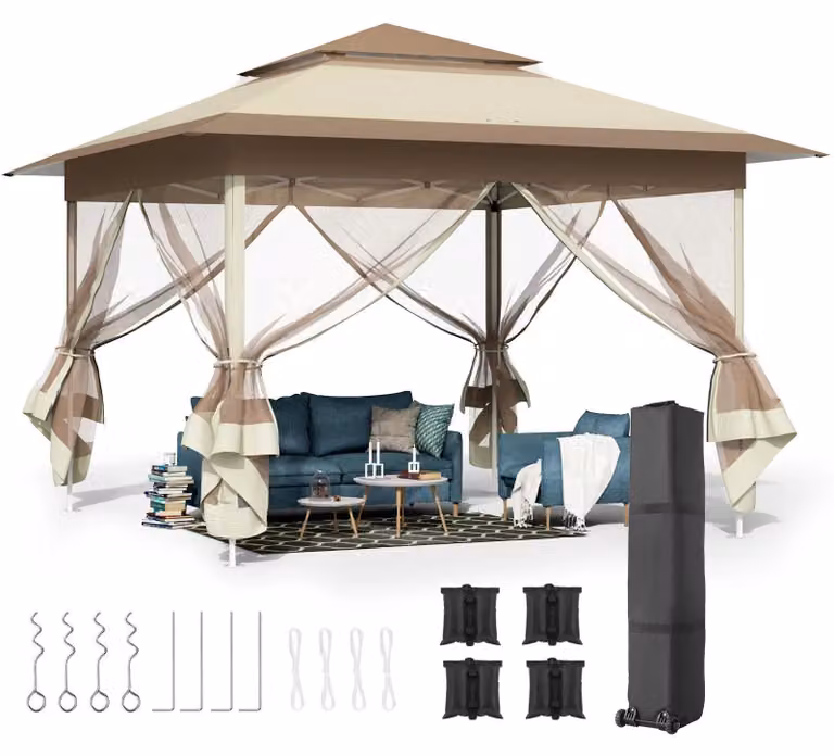 Gazebo da giardino 3,3x3,3 m - Gazebo pieghevole pop-up - Tessuto Oxford rivestito inPoliuretanoimpermeabile - Struttura in acciaio - Con zanzariere - Colori kaki e marrone
