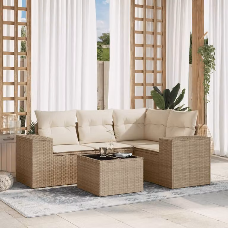 vidaXL Set Divano da Giardino a L 5 pz con Cuscini Beige e Tavolino in Polyrattan e Metallo