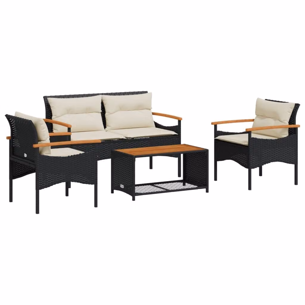 Set Divani da Giardino 4 pz con Cuscini Nero in Polyrattan
