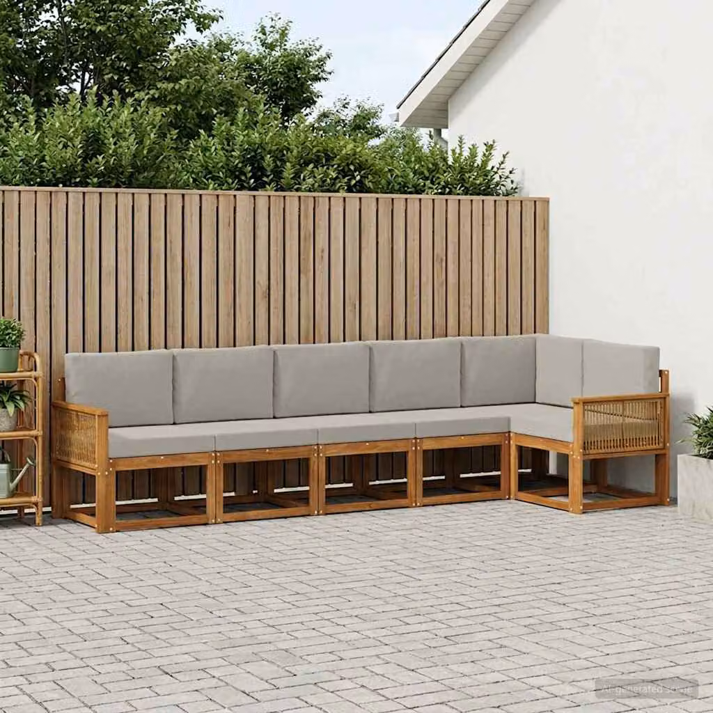 Set di divani da esterno vidaXL a forma di L in legno di acacia con cuscini, 6 pezzi, Grigio e Beige