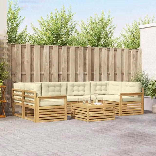 Set di divani da esterno a L vidaXL in legno di acacia con tavolo da caffè, 7 pezzi, Bianco e Beige – 1