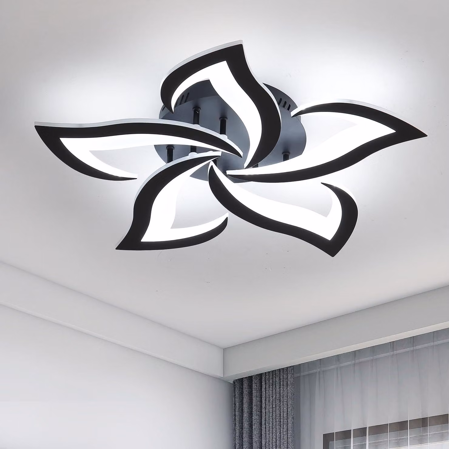 Lampada da soffitto a LED, design moderno, 60W, motivo a petalo, colore nero, 6500K – 5 luci – colore nero, 6500K