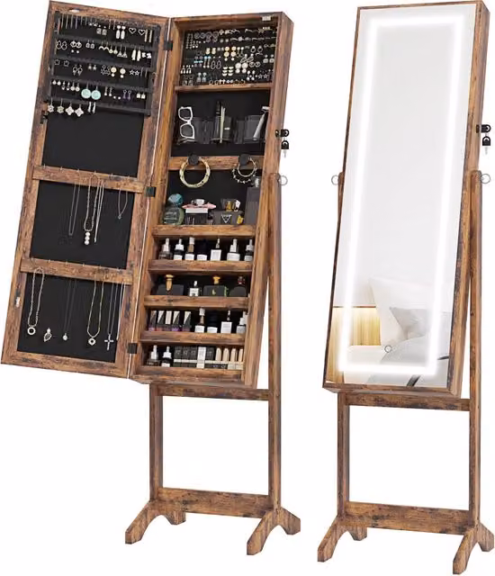 Specchiera Portagioie Xylo con Luci LED e Chiusura Magnetica, Colore Marrone Rustico, H: 151.5 cm, L: 36.5 cm, P: 11.8 cm – 1