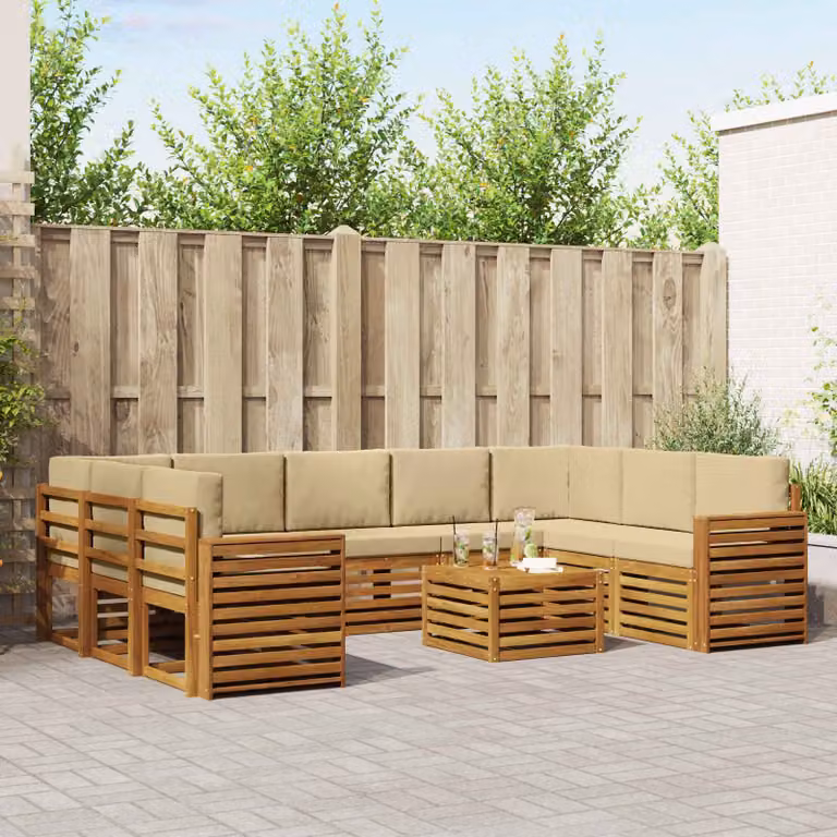 vidaXL Set di divani da esterno a forma di U in legno di acacia con cuscini, colore beige e marrone