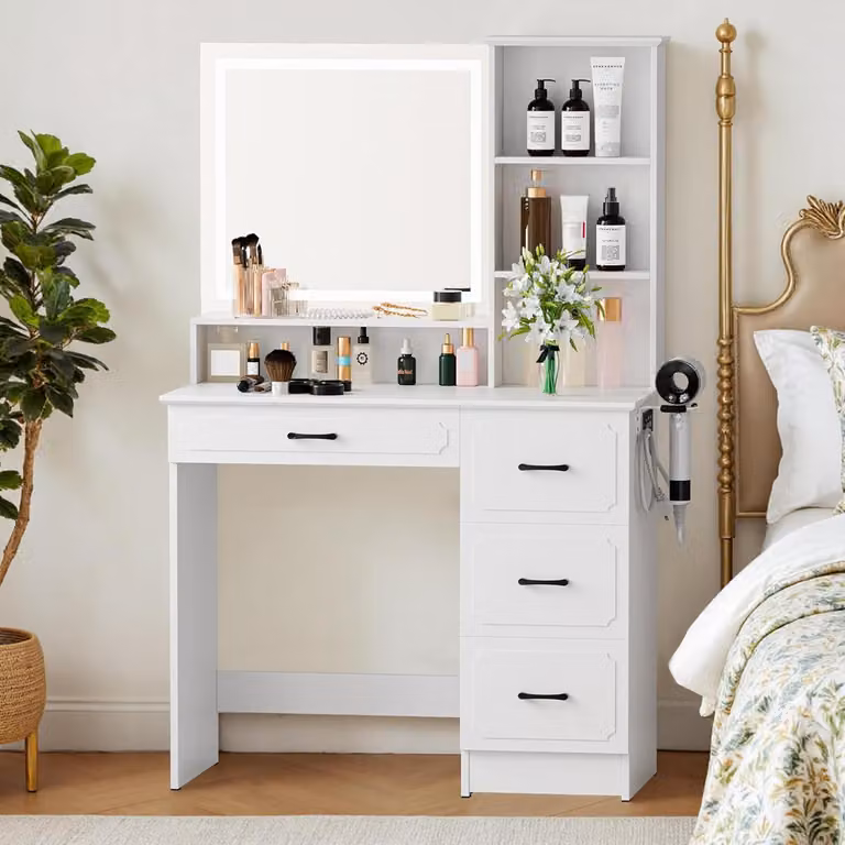 Comò da trucco con specchio e illuminazione a LED, 3 tonalità di luce, 4 cassetti, 4 ripiani, con prese di corrente e supporto per accessori per capelli, colore bianco