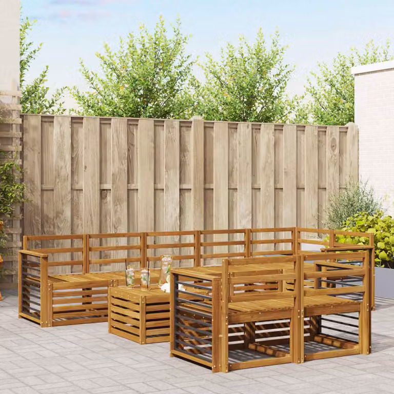 vidaXL Set di divani da esterno a L composto da 9 pezzi in legno di acacia con tavolino e cuscini, colore marrone e bianco