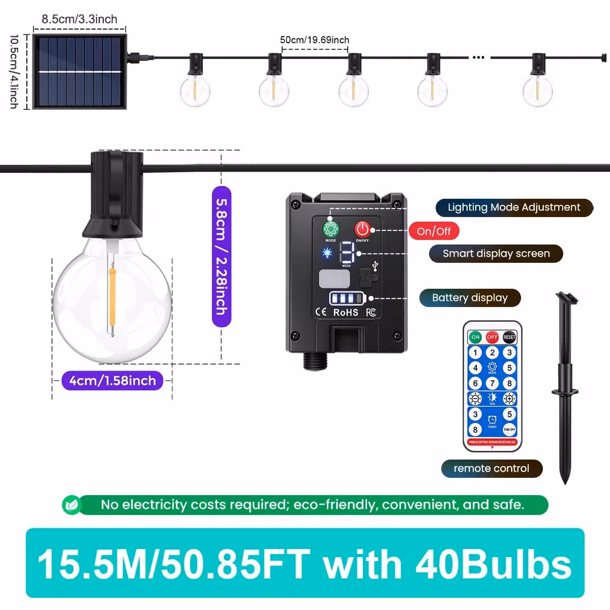 Catena luminosa solare - Catena luminosa a forma di globo LED - 15,5 metri - 40 sfere LED - Telecomando - 8 modalità di illuminazione lampeggiante - Timer a 3/5/8 ore - Grado di protezione IP44