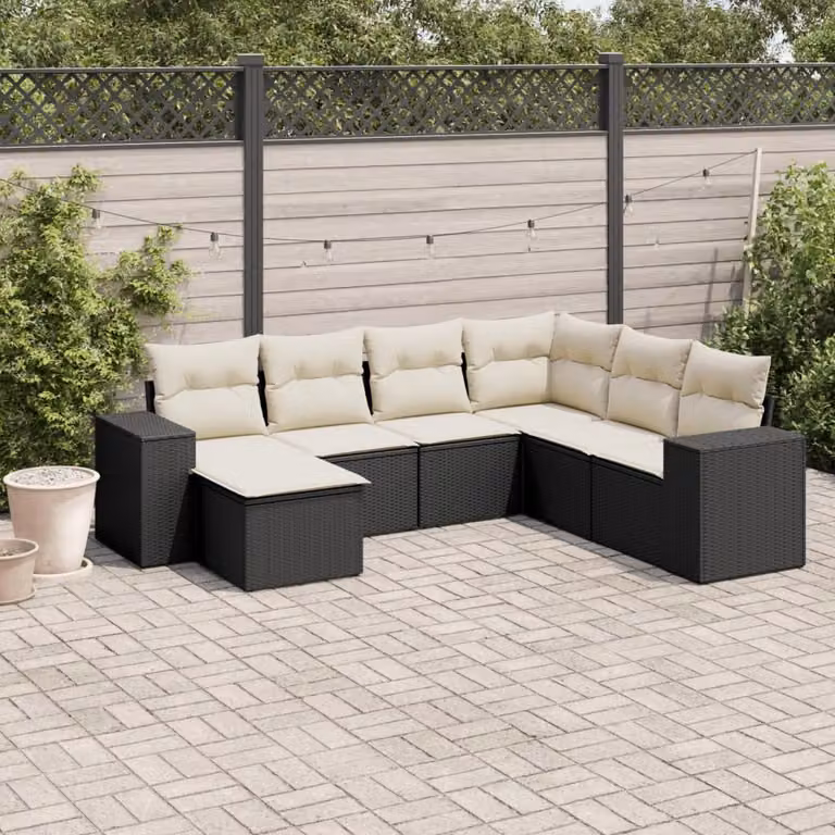 vidaXL Set Divano da Giardino a L con 7 Cuscini in Polyrattan e Metallo Nero