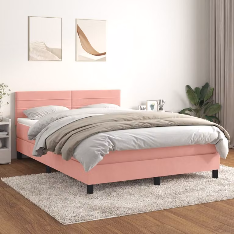 The Living Store Letto a molle con materasso Rosa 140x200 cm Velluto