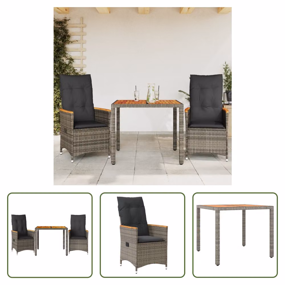 The Living Store Set bistrot 3 pezzi con cuscini in poly rattan grigio