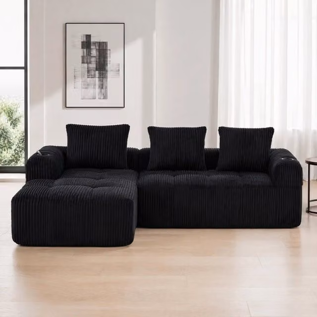 Divano modulare in corduroy nero con tasche laterali; portabicchieri e 3 cuscini; 253x158x61 cm