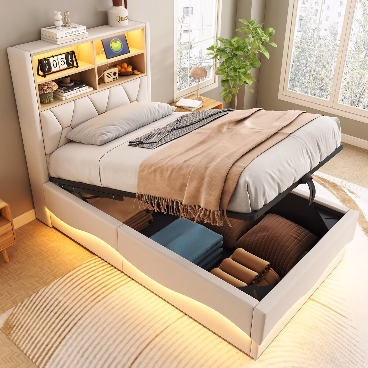 Letto imbottito Merax in lino 90x200cm con illuminazione LED, connessione USB, letto matrimoniale con contenitore idraulico e struttura in metallo, grigio