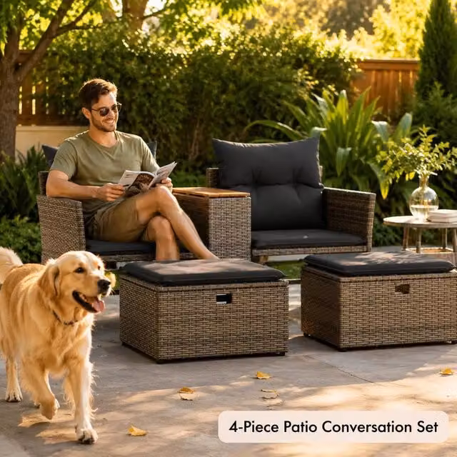 2-seater Garden Sofa With Stools, Grey Poly Rattan