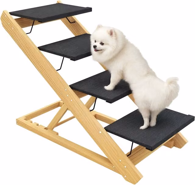 Scala per cani Minimal regolabile in altezza e pieghevole in legno antiscivolo, Bianco, L 83 cm x P 40 cm x H 62.5 cm