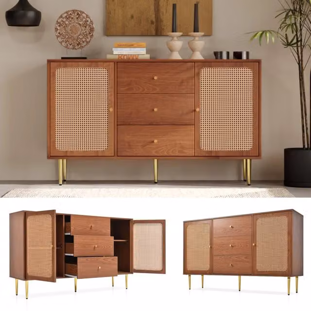 Comò 2 ante e 3 cassetti, ripiano regolabile, rattan, noce, H90xL150xP40 cm, per soggiorno e camera da letto