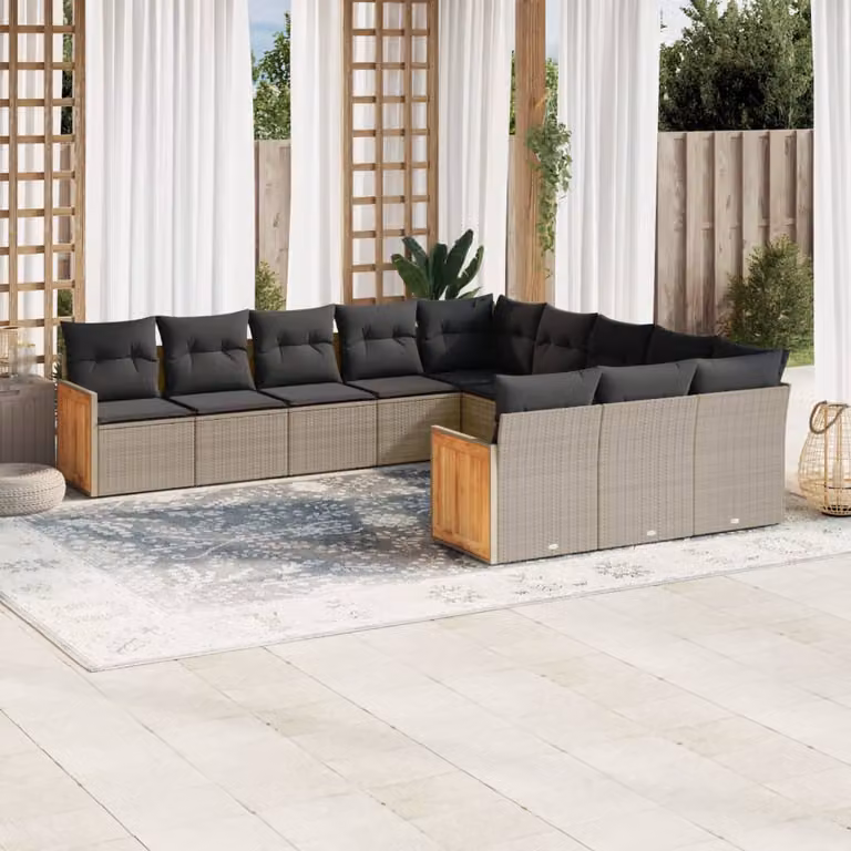 vidaXL Set Divani da Giardino a L 11 pz in Polyrattan e Legno di Acacia Grigio con Cuscini Imbottiti e Rivestimenti Rimovibili