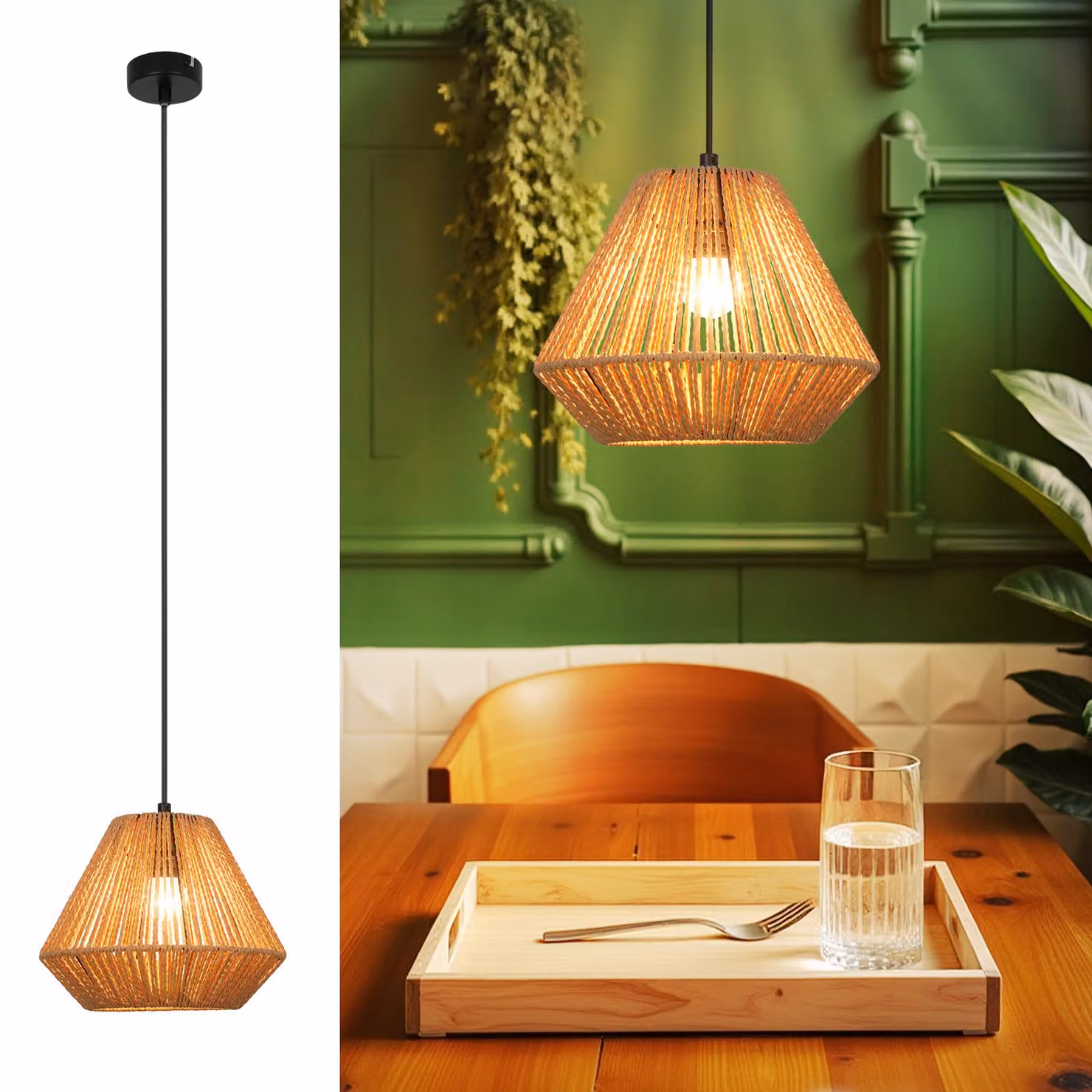 ZMH lampada a sospensione vintage lampada a sospensione tavolo da pranzo lampada a sospensione design diamante sala da pranzo luce a sospensione 1 fiamma rattan E27 lampada da tavolo per camera da letto letto soggiorno corridoio (lampadina non inclusa)