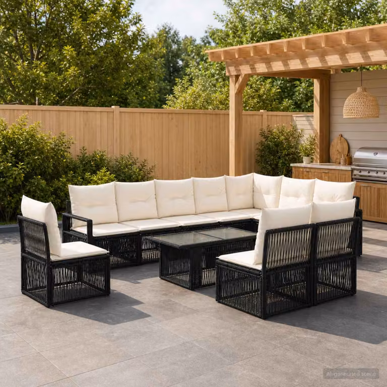 Set Divano da Giardino vidaXL 11 pz a Forma a L con Tavolino, Colore Nero e Bianco Crema, Struttura in Metallo e Polyrattan con Cuscini Inclusi