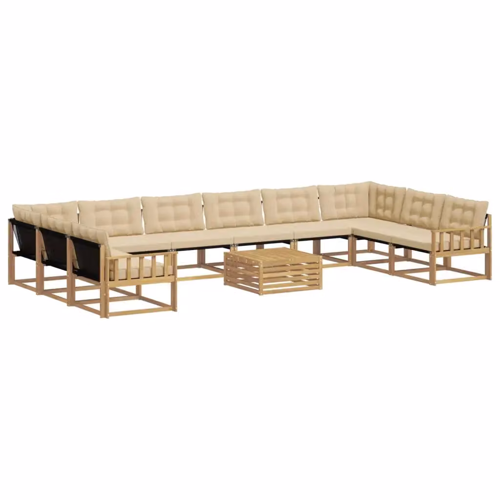 Set di divani da esterno a forma di U con tavolino da caffè vidaXL, 11 pezzi, Bianco e Beige, in legno di acacia e tessuto textilene con cuscini inclusi – 2