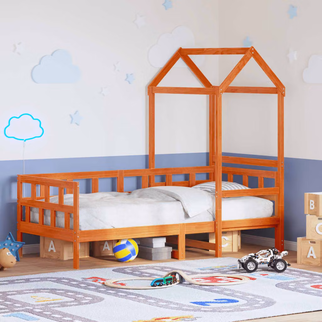vidaXL Dormeuse per bambini con tetto in legno massello di pino, colore marrone cera, L 200 x P 90 x H 98 cm