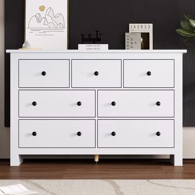 Credenza moderna minimalista bianca con 7 cassetti in MDF L: 89 cm, P: 40 cm, H: 50 cm