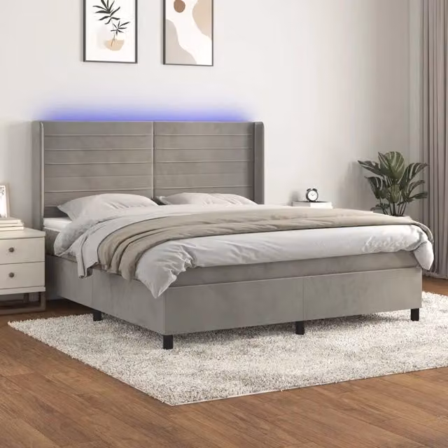 Letto matrimoniale con materasso ibrido e illuminazione LED vidaXL in velluto grigio, L: 180 cm, P: 200 cm, H: 128 cm