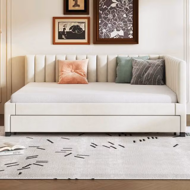 Letto imbottito 140x200 cm con secondo letto estraibile; rete a doghe e rivestimento beige